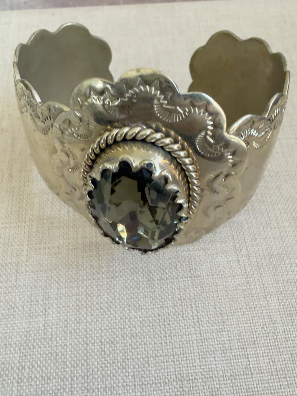 Silver-Tone Scalloped Cuff Bracelet with Smoky Gem